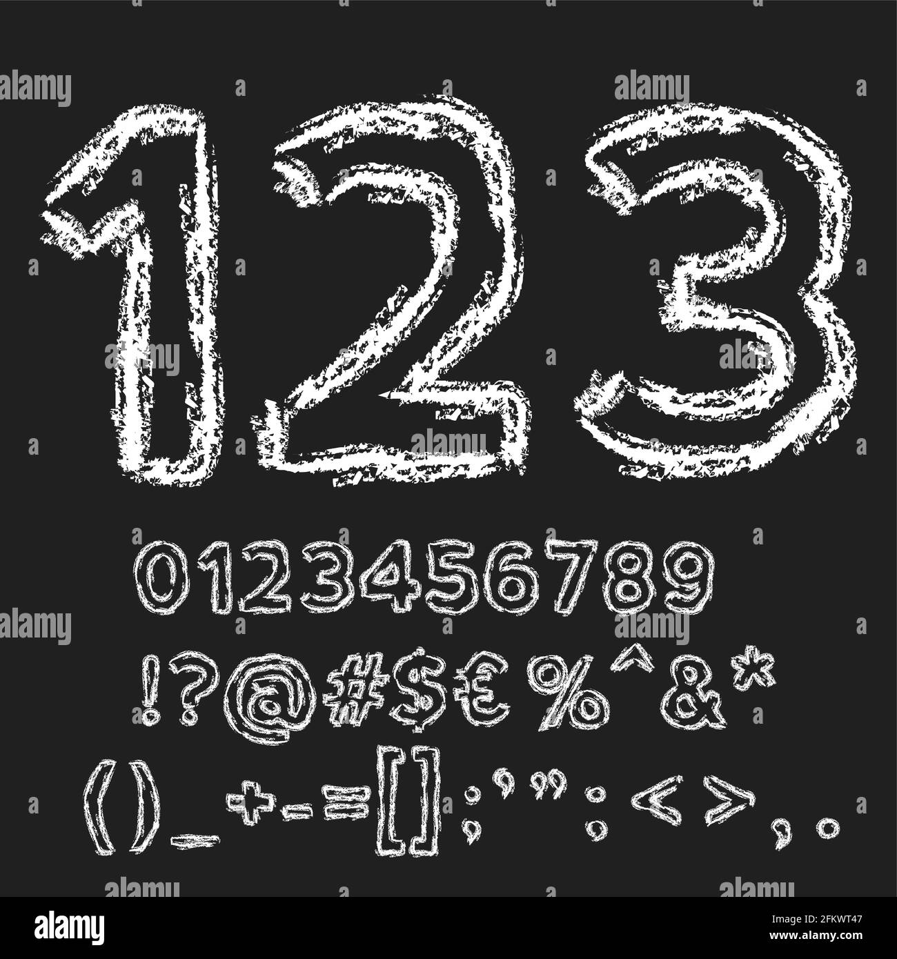 Police main en gras craie : chiffres et symboles spéciaux sur fond de tableau noir, illustration vectorielle Illustration de Vecteur