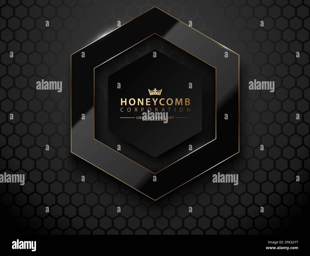 Hexagone noir vectoriel. Cadre brillant de luxe foncé et doré. Affiche  supérieure du logo de bordure en nid d'abeille. Cadre en verre réaliste sur  grille en nid d'abeille noire Image Vectorielle Stock -