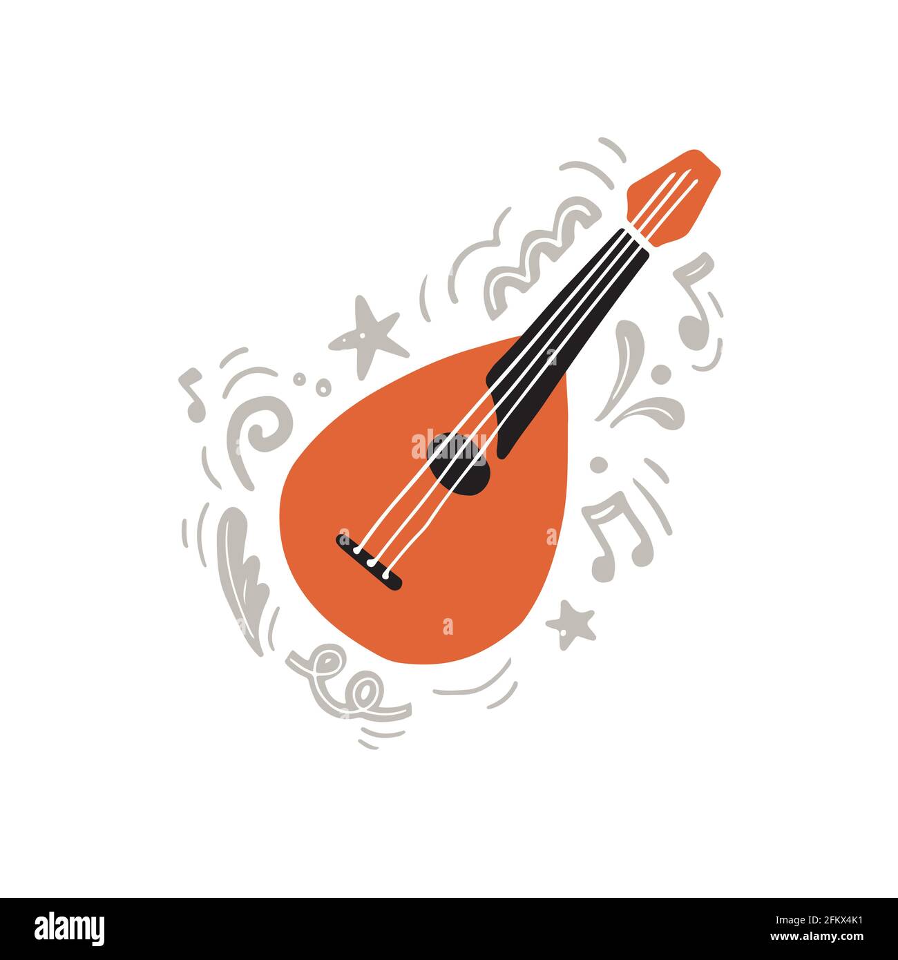 Instrument traditionnel à cordes appelé mandoline dessiné à la main avec un plat minimaliste style dans les couleurs orange et noir au milieu des ornements créatifs gris et des notes comme symbole de la création musicale Illustration de Vecteur