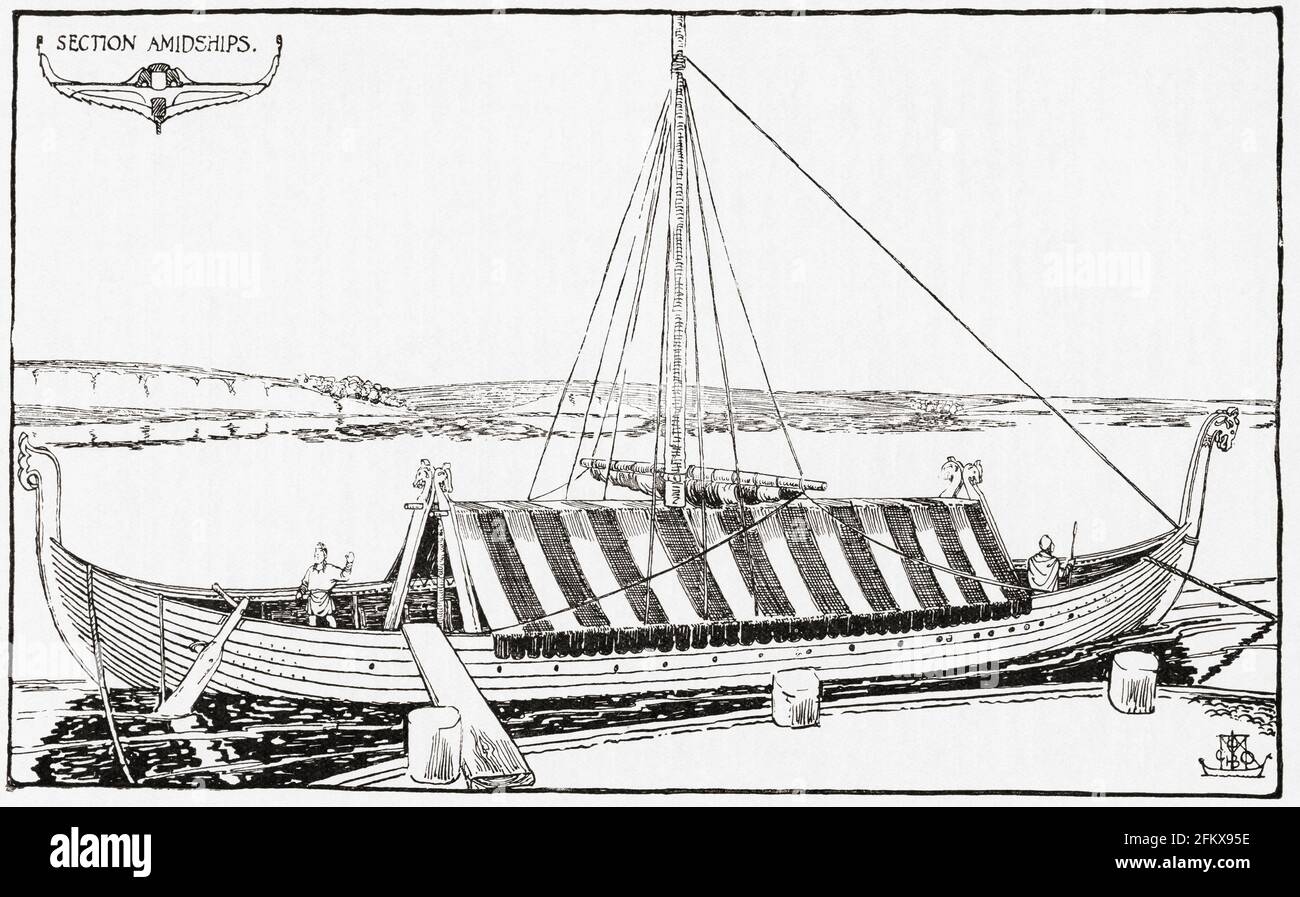 Le Gokstad est équipé d'un dispositif d'inclinaison. Le navire viking du IXe siècle trouvé dans un monticule funéraire à Gokstad à Sandar, Sandefjord, Vestfold, Norvège. De Everday Life in Anglo-Saxon, Viking and Norman Times, publié en 1926. Banque D'Images