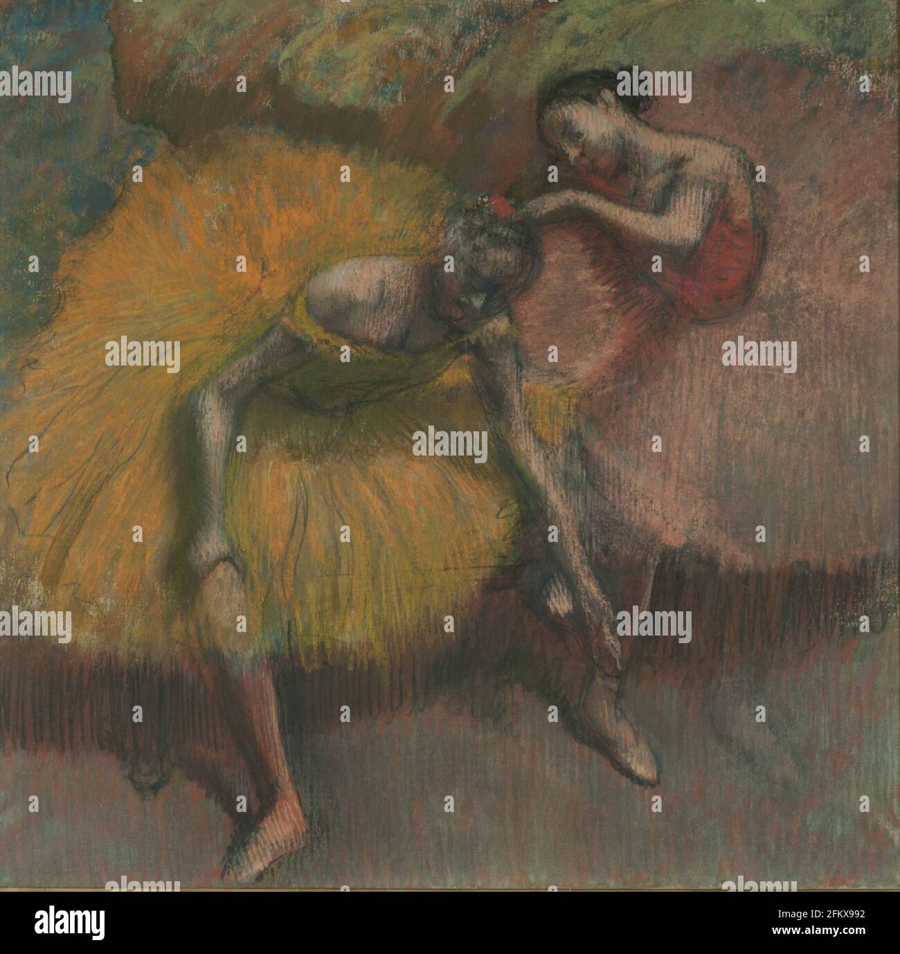 Titre: Deux danseuses jaunes et roses Créateur: Edgar Degas Date: 1834 Moyen: Pastel sur papier Dimensions: 106 x 108 cm. Lieu: Museo Nacional de Bellas Artes, Buenos Aires, Argentine Banque D'Images