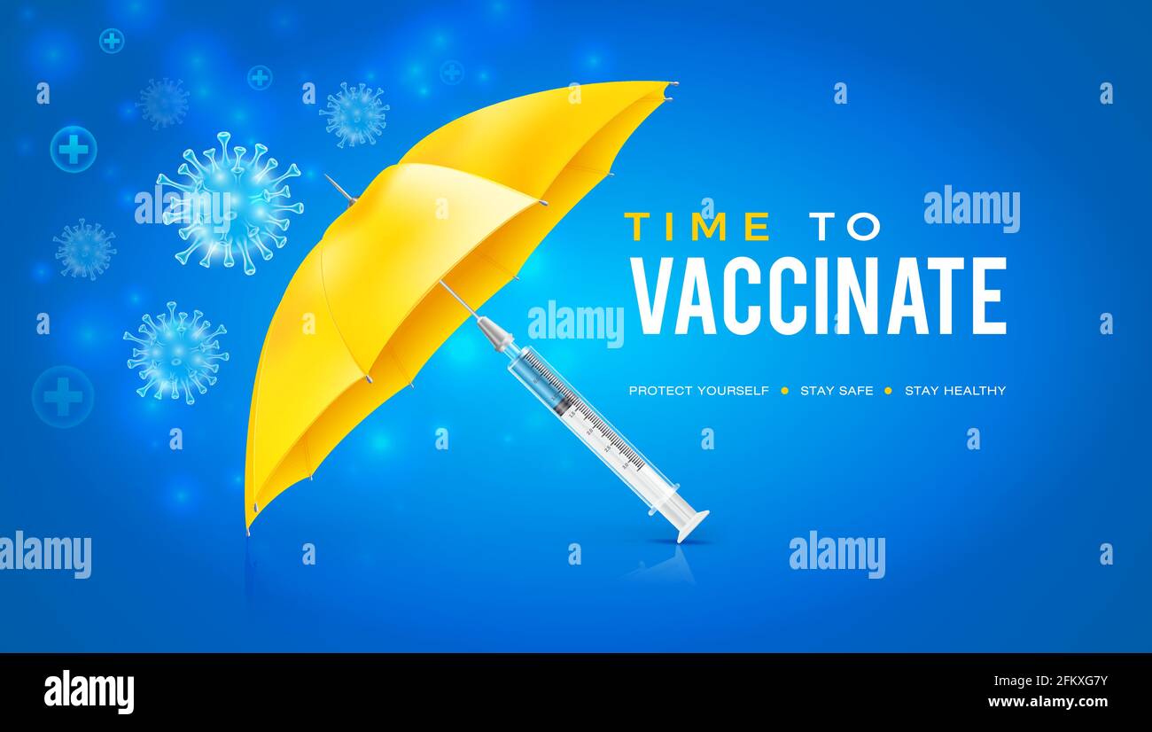 Conception vectorielle avec fond bleu de vaccin contre le coronavirus. Parapluie de sécurité créé par la vaccination. Il est temps de se faire vacciner contre le coronavirus Covid-19 Illustration de Vecteur