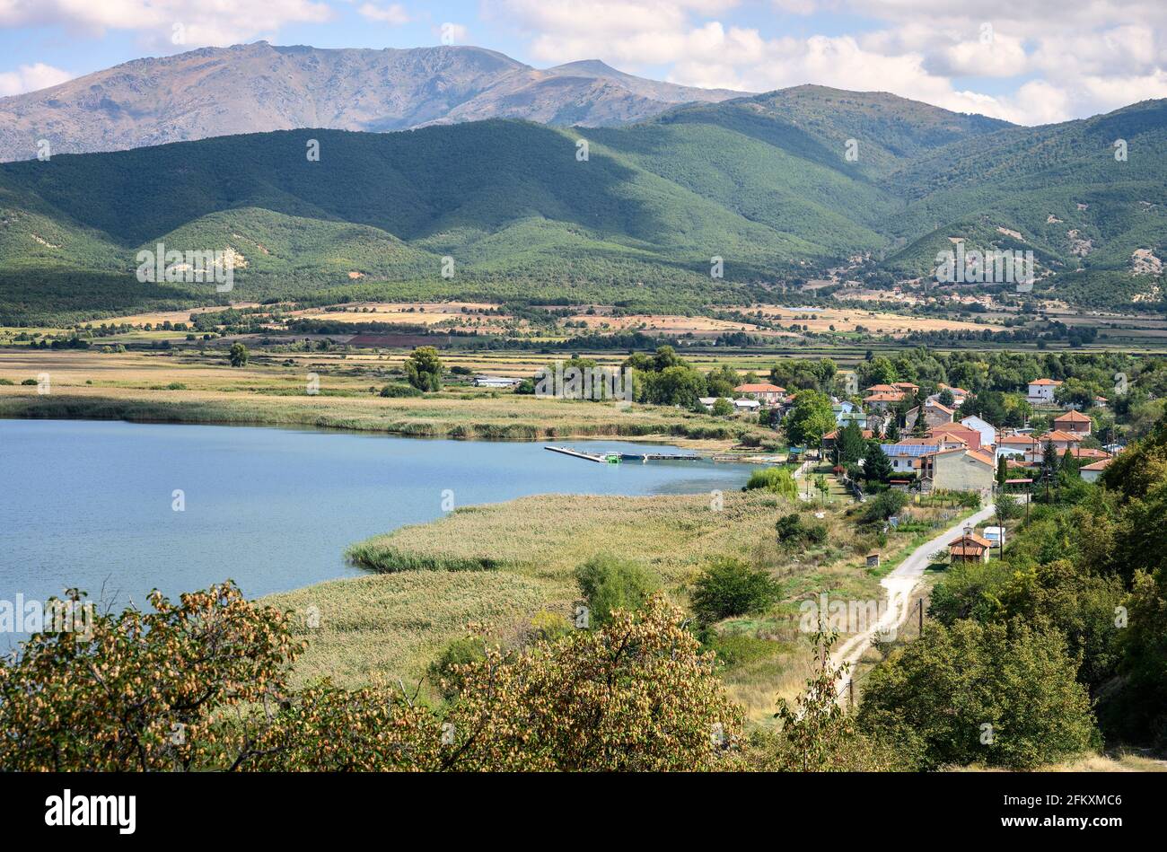 Vue sur le village de Mikrolimni sur la rive du lac Mikri Prespa, en Macédoine, dans le nord de la Grèce. Banque D'Images