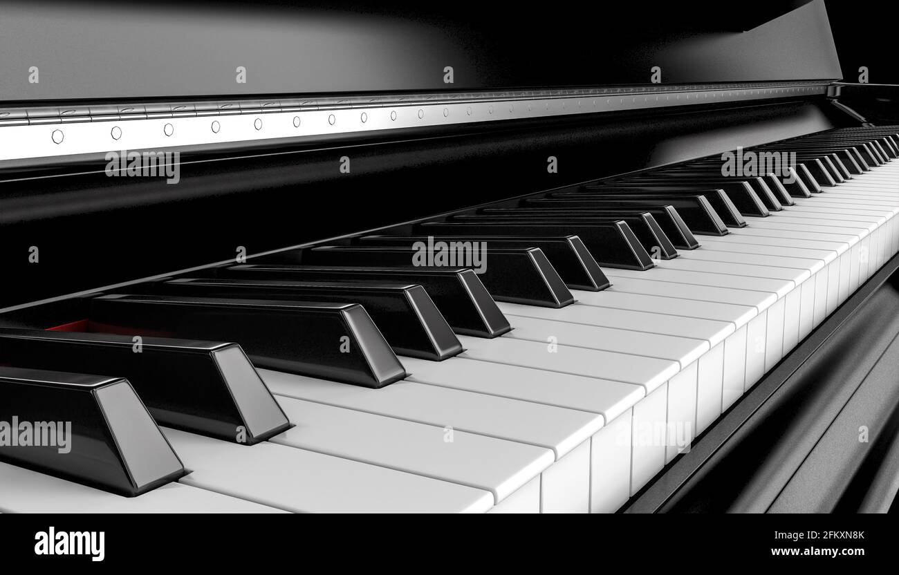détail d'un piano classique noir. rendu 3d. Banque D'Images