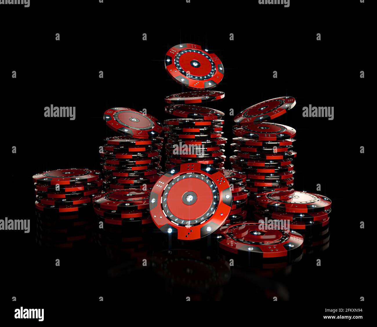 jetons de casino rouges avec diamants sur noir. rendu 3d Banque D'Images