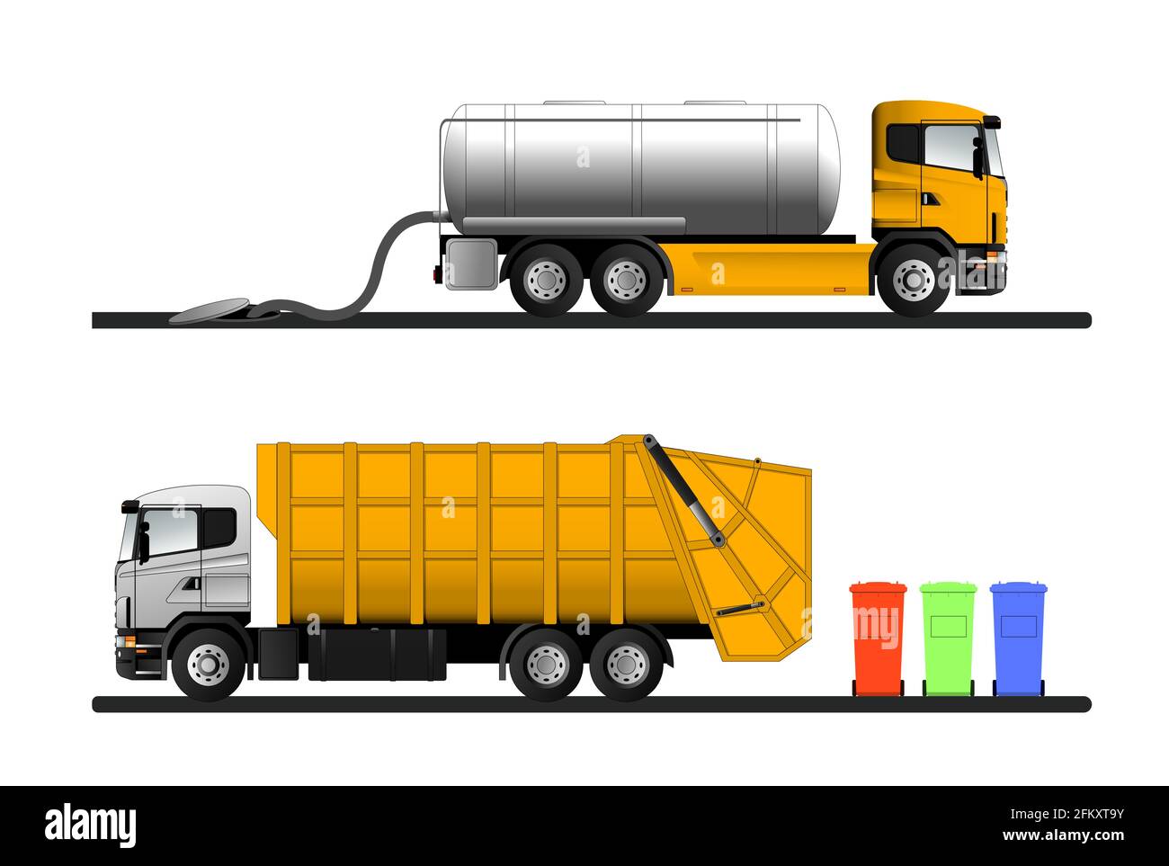 un ensemble de transport routier spécialisé pour la collecte de déchets ménagers solides et liquides. Illustration vectorielle plate. Illustration de Vecteur