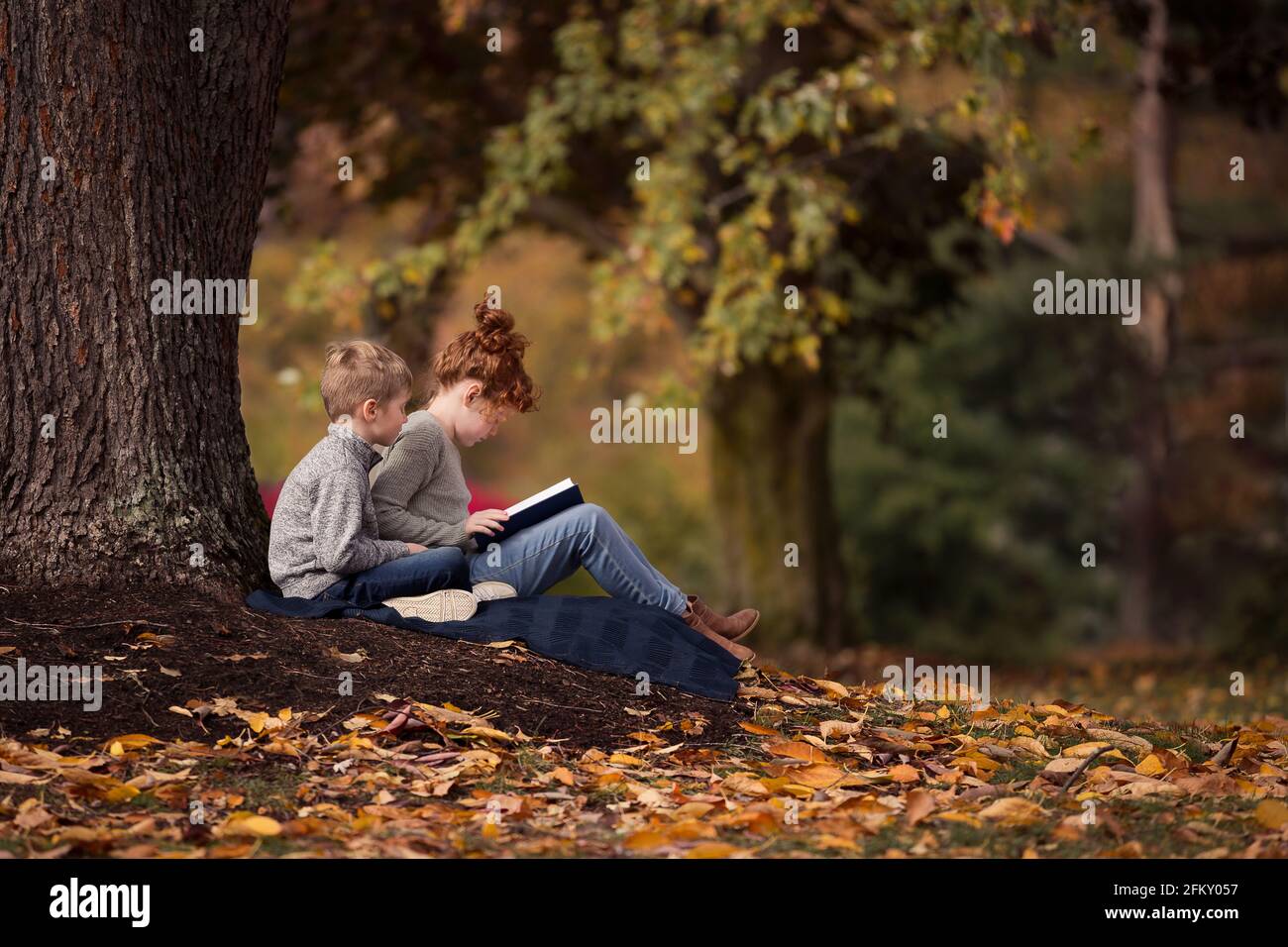 Un garçon et une fille lisant à l'extérieur sous un arbre Banque D'Images