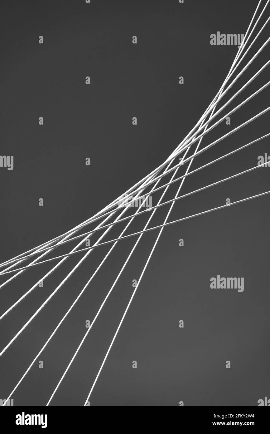 Photo en noir et blanc des câbles d'un câble pont suspendu Banque D'Images