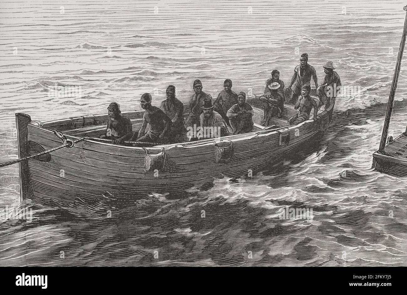 Histoire de l'Afrique. 19e siècle. Bateau-pilote en remorquage d'un bateau à vapeur, sur le fleuve Congo. Gravure. El Congo y la Creación del Estado Independiente de este nombre. Historia de los Trabajos y Exploraciones Verificados (le Congo et la fondation de son État libre. Une histoire de travail et d'exploration), par Henry M. Stanley. Édité à Barcelone, vers 1890. Espagne. Banque D'Images