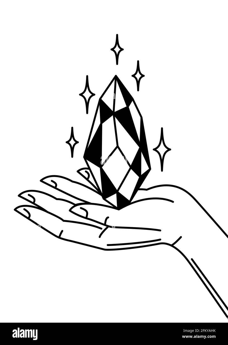 La main tient le cristal magique. Mystic, alchimie, spiritualité, tatouage art. Illustration de Vecteur