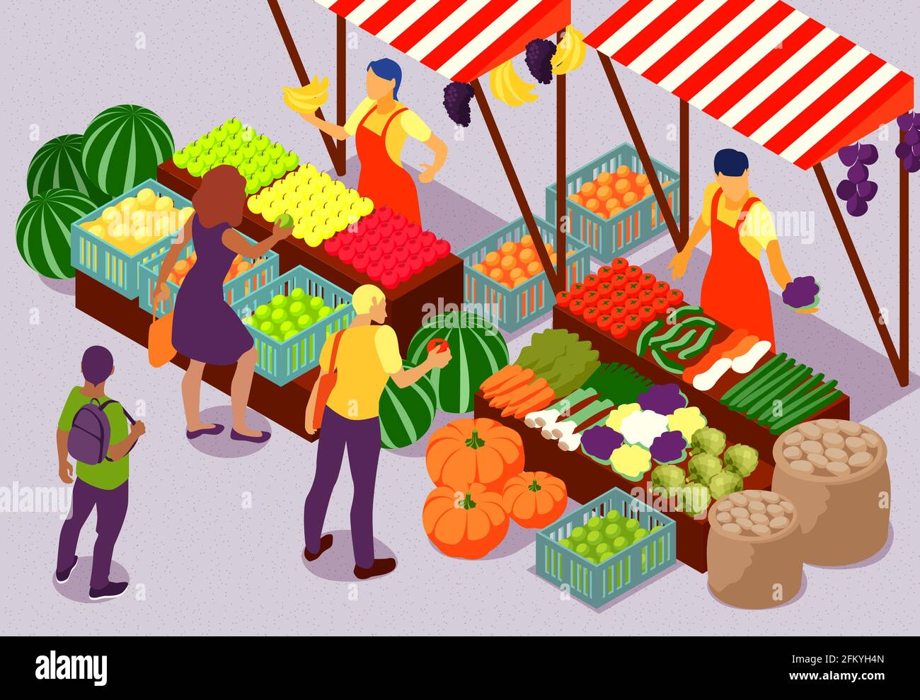 Les gens achètent des fruits et des légumes frais sur le marché de la ferme en plein air illustration du vecteur de composition isométrique 3d Illustration de Vecteur