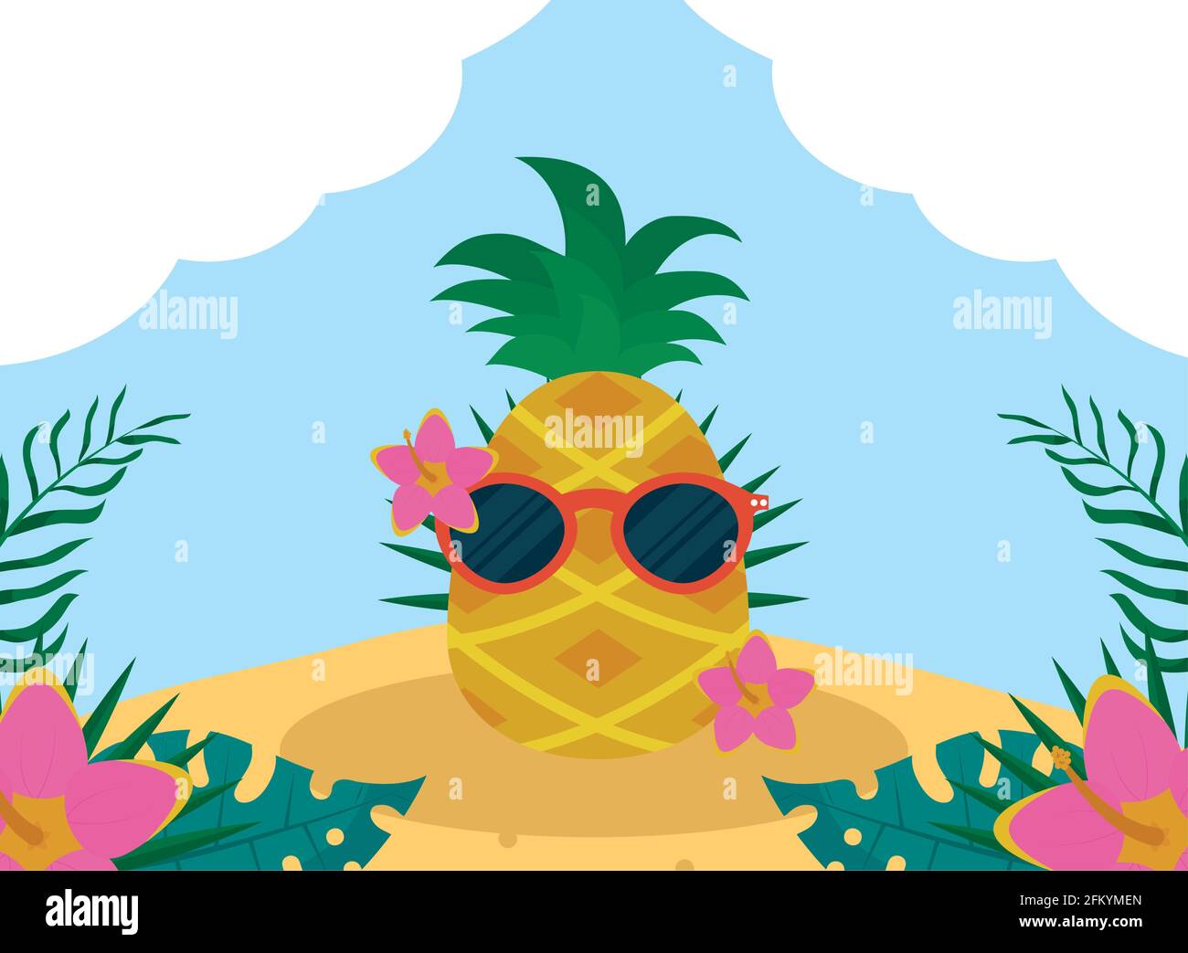 Ananas d'été avec des verres et des fleurs Illustration de Vecteur