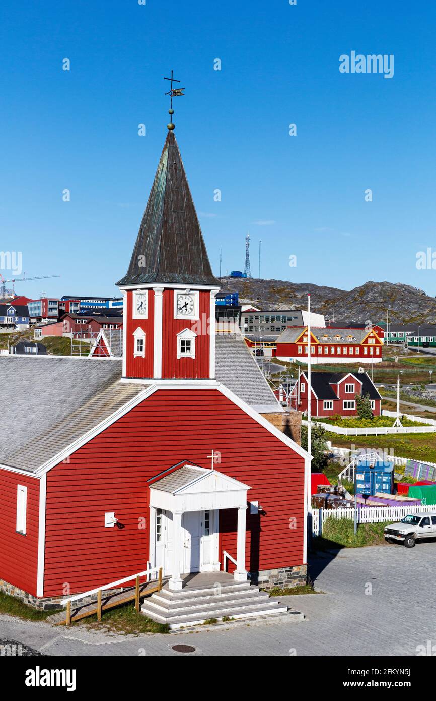 La cathédrale luthérienne de Nuuk (Godthåb), la capitale et la plus grande ville du Groenland. Banque D'Images
