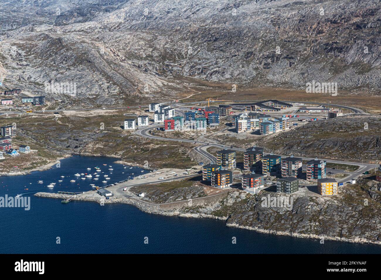 Vue aérienne de Nuuk, ou Godthåb, la capitale et la plus grande ville du Groenland. Banque D'Images