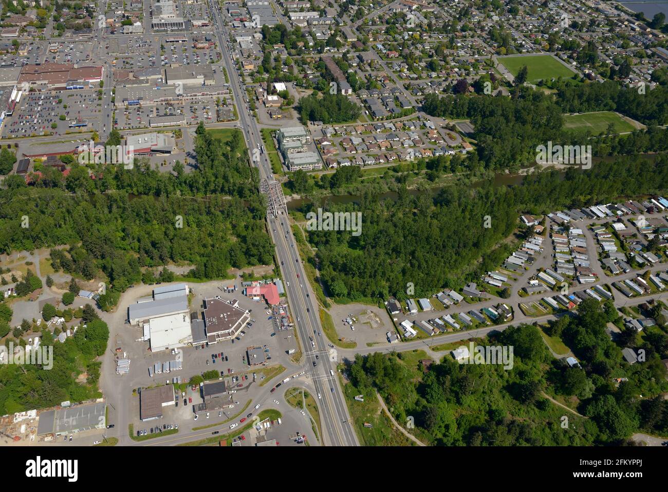 Photographie aérienne de la région du pont d'argent de Duncan, Cowichan Valley, île de Vancouver (Colombie-Britannique), Canada. Banque D'Images