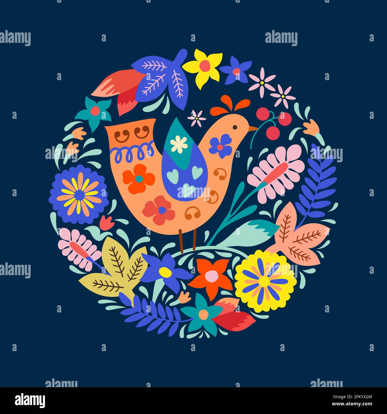 Le style folklorique mignon birdie avec des baies dans son bec et la couronne florale stylisée autour. Les couleurs énergisantes des couleurs pastel font penser à l'été. Illustration de Vecteur