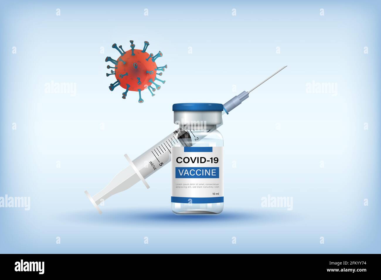 Flacon de vaccin Covid-19 avec seringue et aiguille sur fond bleu clair avec symbole de coronavirus, illustration vectorielle Illustration de Vecteur