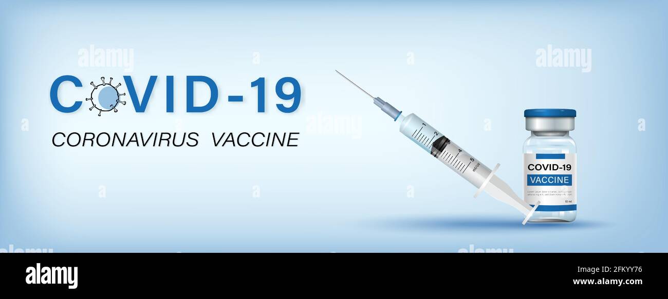 Flacon de vaccin Covid-19 avec seringue et aiguille sur fond de bannière bleu clair avec texte, illustration vectorielle Illustration de Vecteur