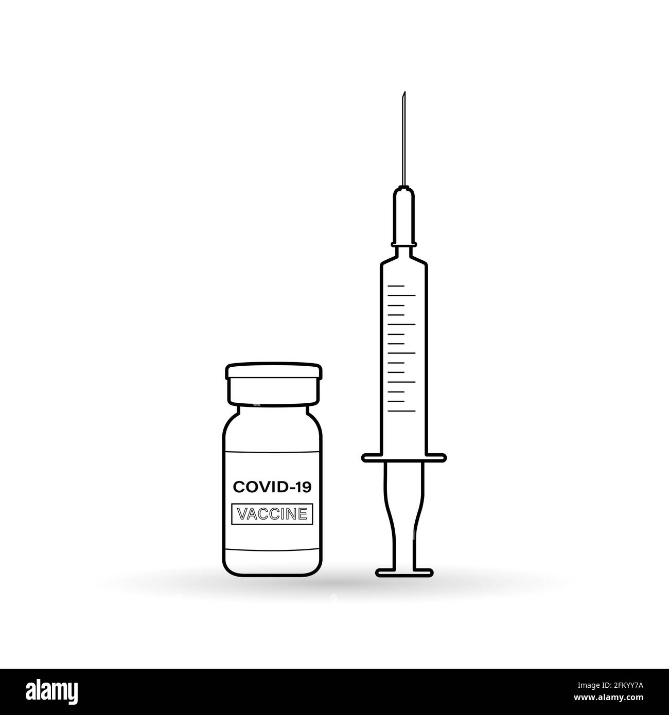 Seringue avec aiguille et icône de contour de vaccin Covid-19 sur blanc arrière-plan Illustration de Vecteur