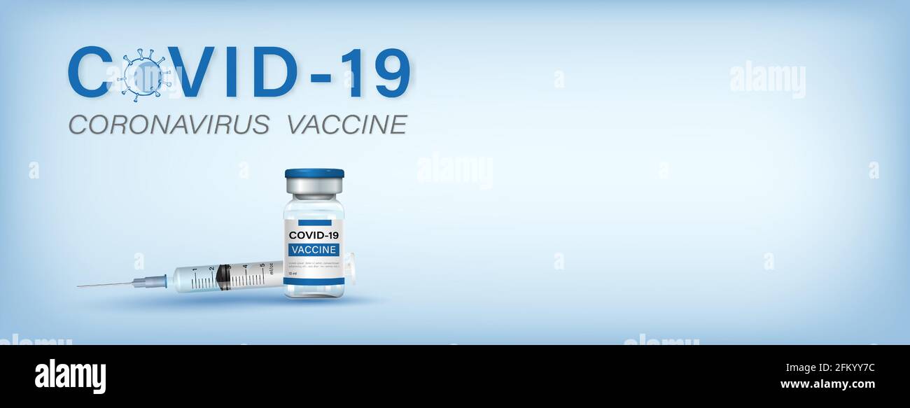 Flacon de vaccin Covid-19 avec seringue et aiguille sur fond bleu clair avec texte et espace de copie, illustration vectorielle Illustration de Vecteur
