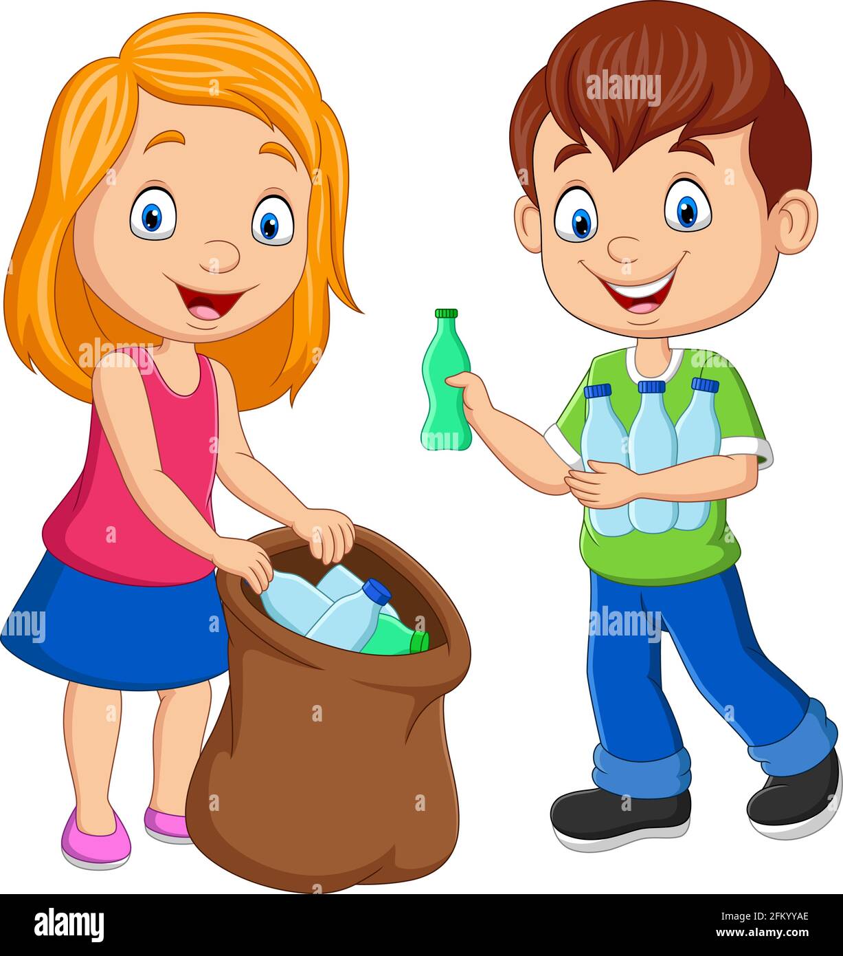 Dessins animés enfants rassemblant des bouteilles en plastique dans un sac à ordures Illustration de Vecteur
