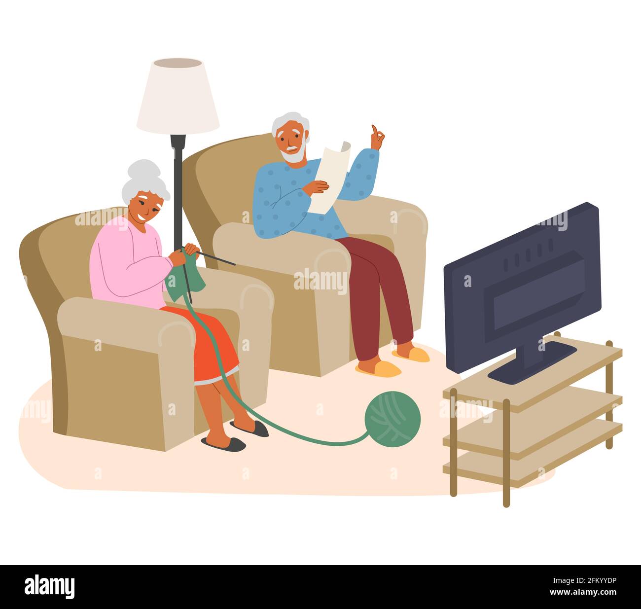 Couple âgé regardant la télévision, tricotage, lecture assis dans des fauteuils, illustration vectorielle plate. Activités de loisirs à la maison. Illustration de Vecteur