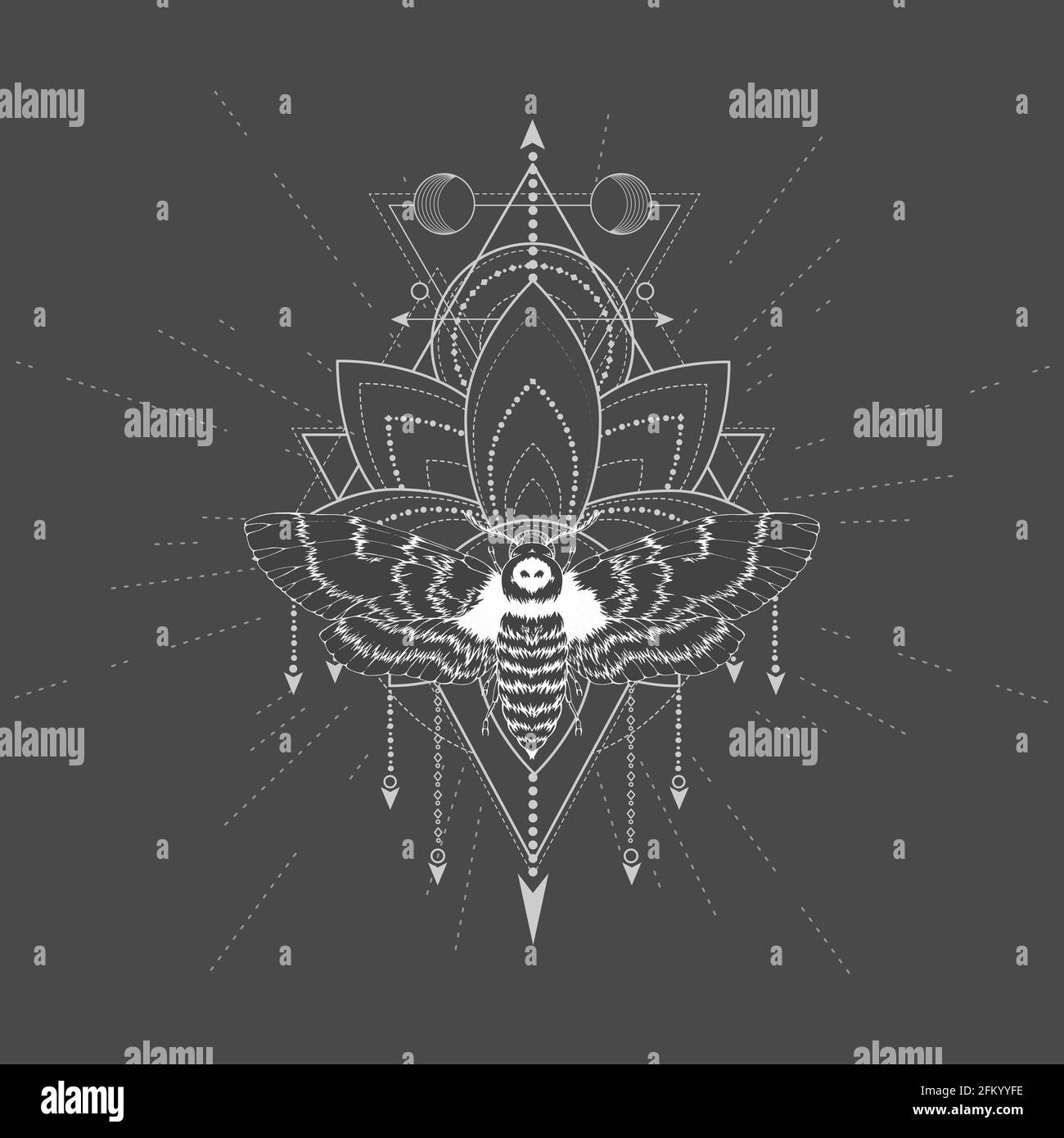 Illustration vectorielle avec papillon dessiné à la main tête morte et symbole géométrique Sacré sur fond noir. Signe mystique abstrait. Forme linéaire blanche. Pour Illustration de Vecteur