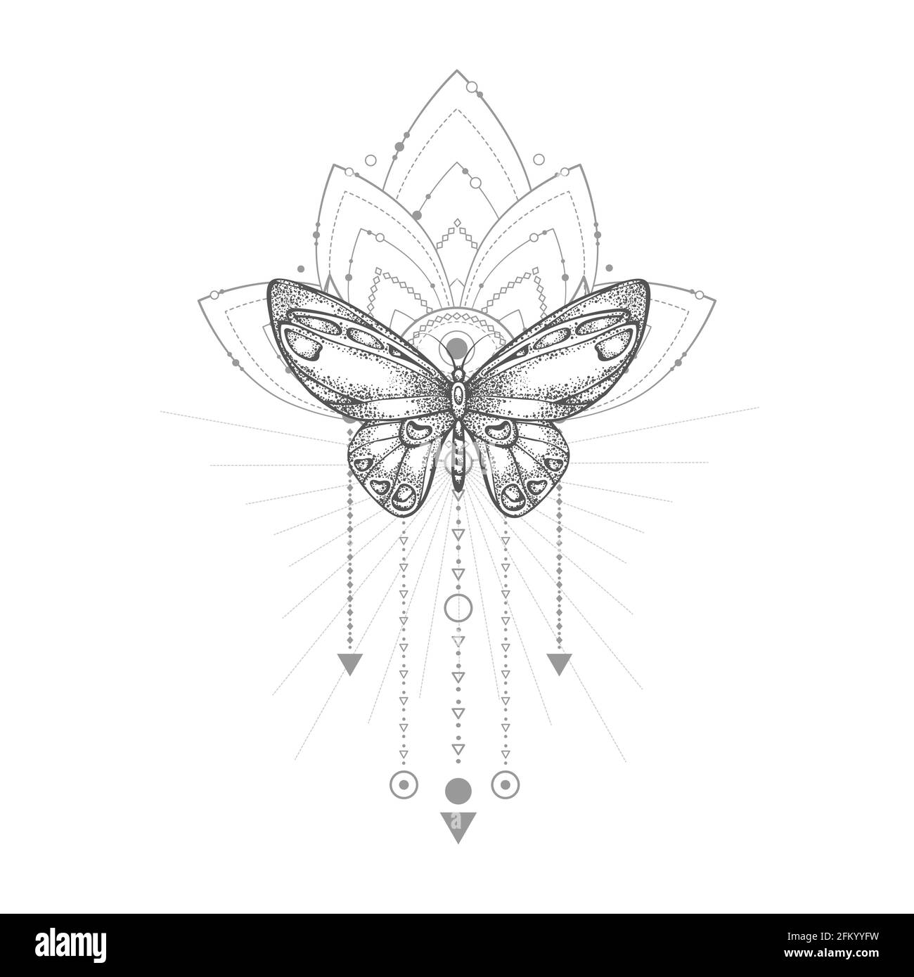 Illustration vectorielle avec papillon dessiné à la main et symbole géométrique Sacré sur fond blanc. Signe mystique abstrait. Forme linéaire noire. Pour vous desig Illustration de Vecteur