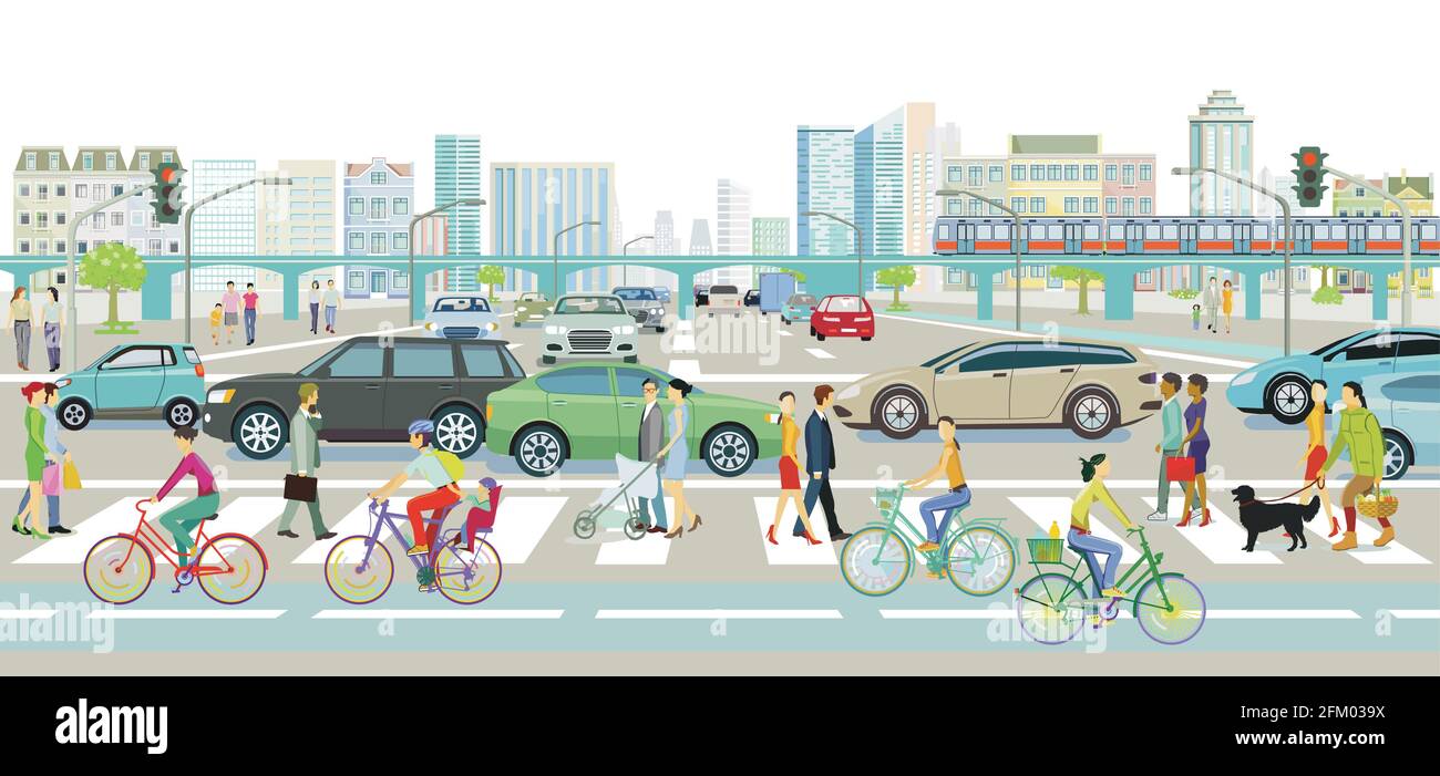 Paysage de la ville avec circulation routière et piétons sur le passage ...