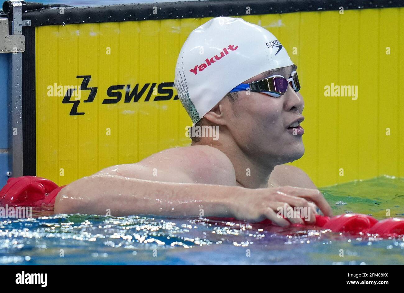 Qingdao, Chine. 5 mai 2021. Il Junyi, de Zhejiang, réagit après la finale libre de 100m des hommes aux Championnats nationaux de natation chinois 2021 à Qingdao, en Chine orientale, le 5 mai 2021. Credit: Xu Chang/Xinhua/Alay Live News Banque D'Images