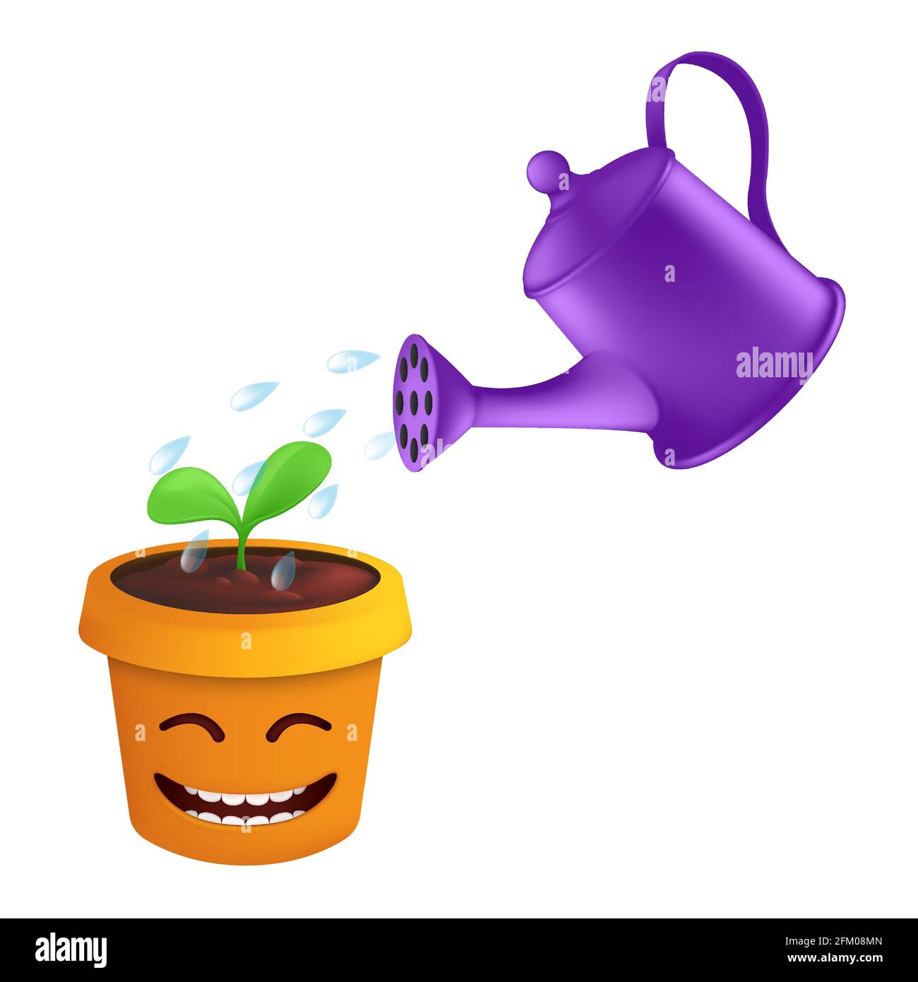 Un jet de gouttes d'eau provenant d'un arrosoir métallique peut irriguer un germe vert dans un pot à fleurs. Illustration vectorielle du soin des plantes dans un po souriant et joyeux Illustration de Vecteur
