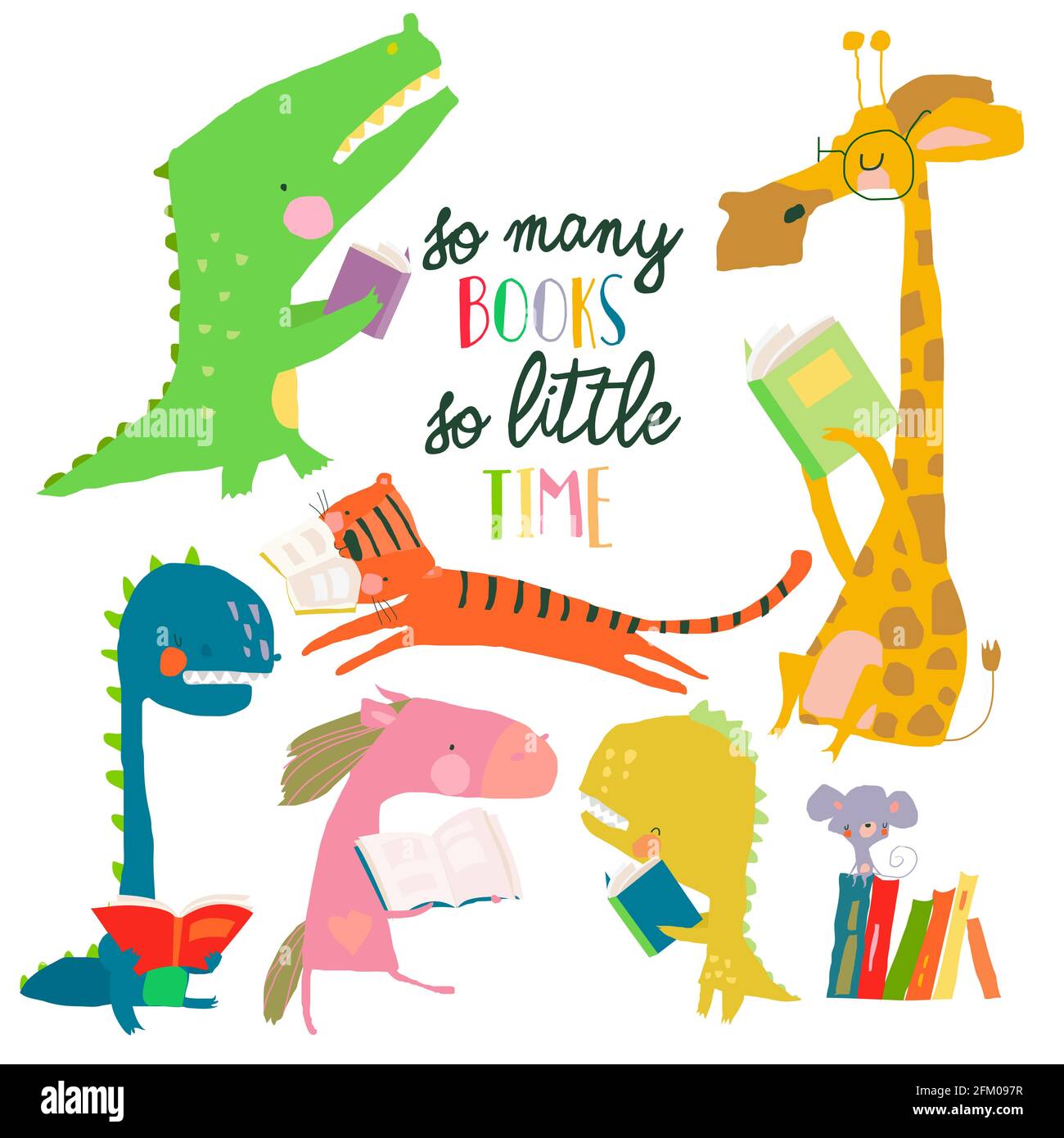 Ensemble de jolis animaux lisant des livres sur fond blanc Illustration de Vecteur