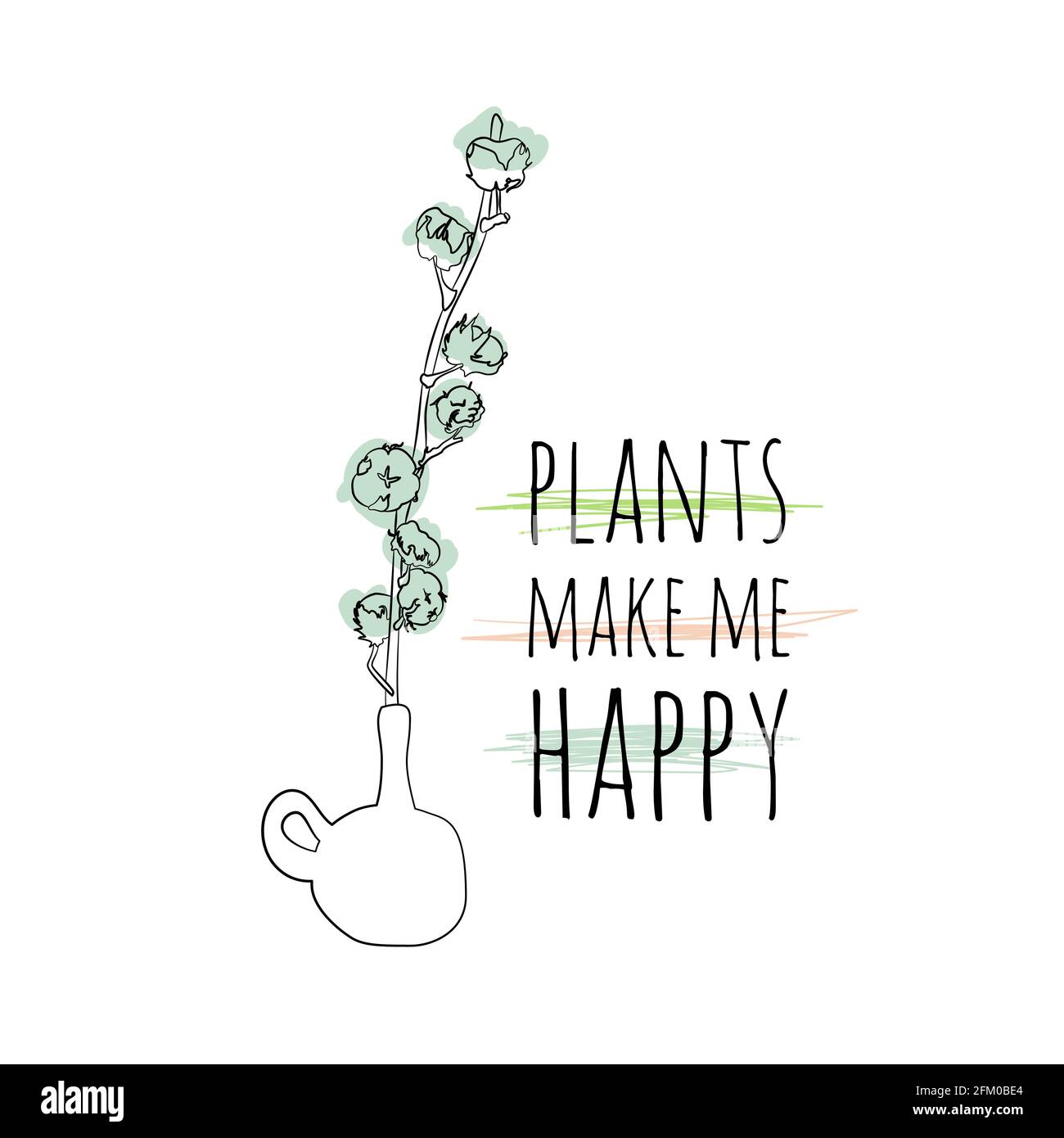 Illustration de boho minimaliste des plantes de citation me rend heureux avec coton art ligne noire en vase et formes abstraites de fond Illustration de Vecteur