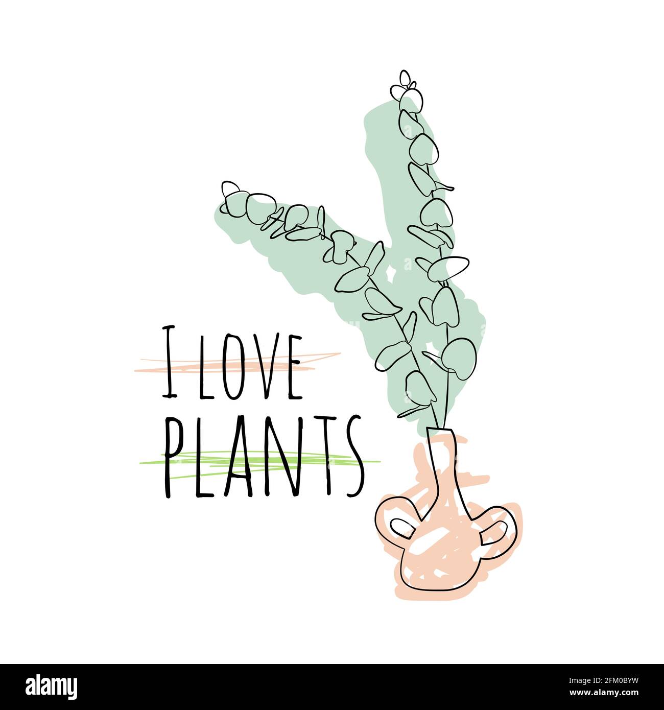 Illustration de boho minimaliste de citation J'aime les plantes avec noir art de ligne eucalyptus dans vase et formes abstraites arrière-plan Illustration de Vecteur