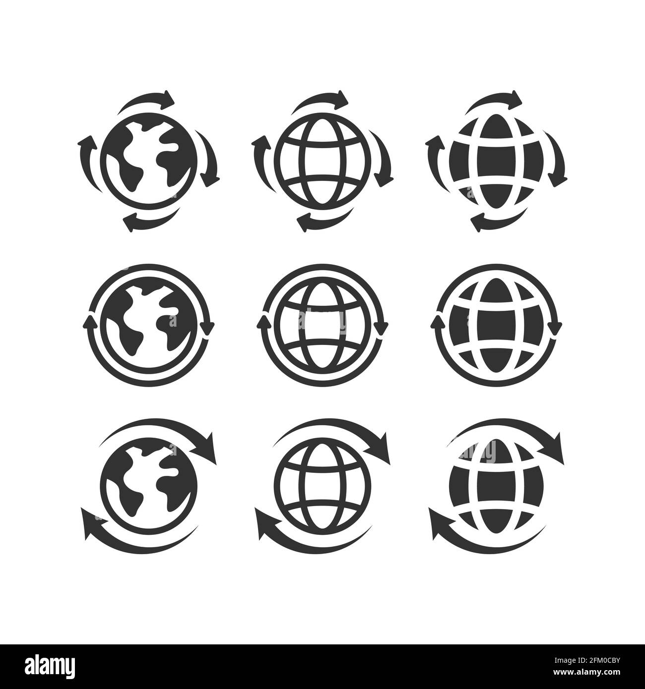 Globe planète avec flèches vecteur noir ensemble d'icônes. Recharger ou faire une boucle du symbole de la flèche de terre du site Web. Illustration de Vecteur