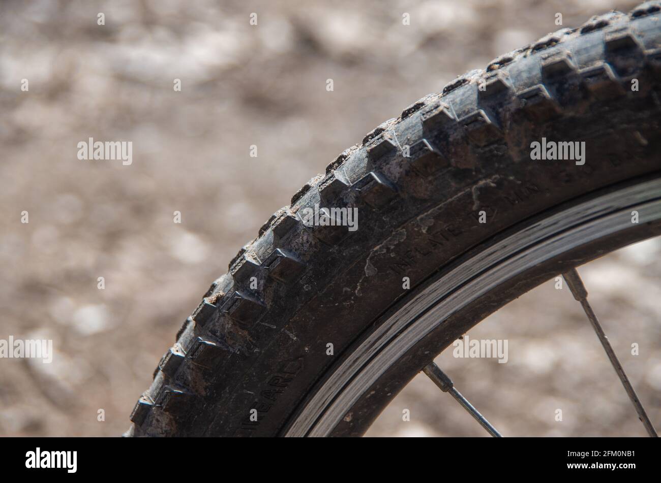 Vue détaillée d'un pneu de vélo de montagne sale Banque D'Images