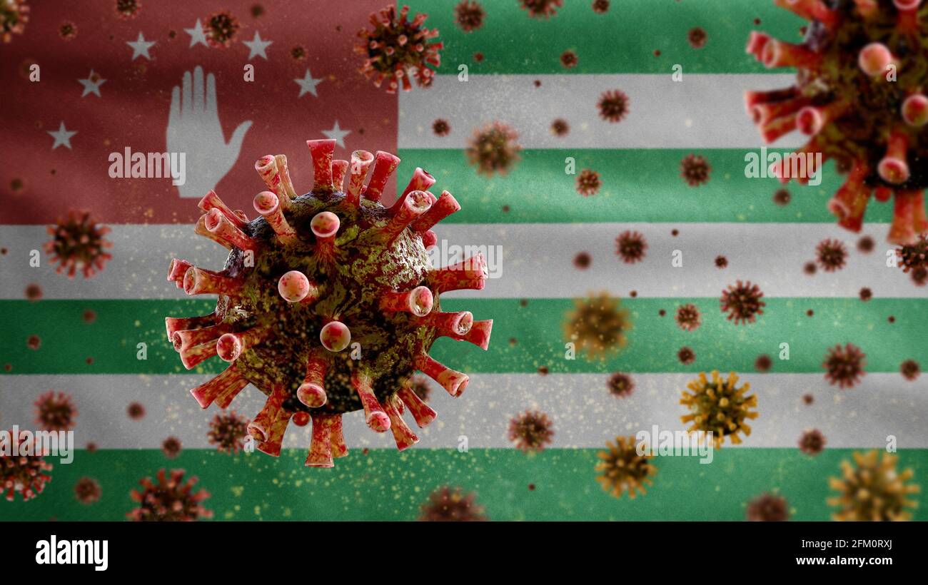 3D, coronavirus de la grippe flottant au-dessus du drapeau abkhaze, un pathogène qui attaque les voies respiratoires. Bannière d'Abkhazie agitant avec une pandémie du virus Covid19 Banque D'Images