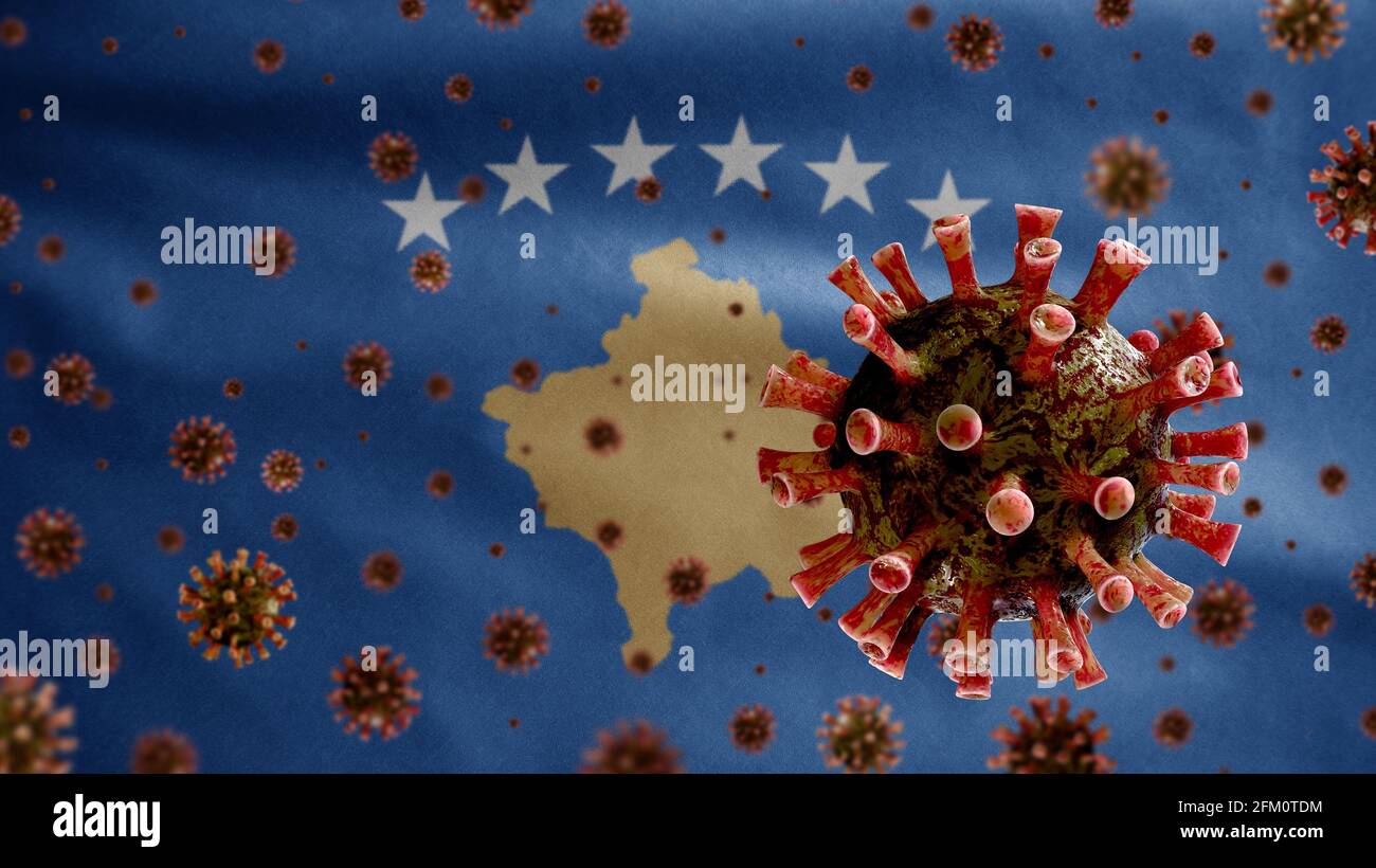 3D, drapeau kosovan agitant avec une épidémie de coronavirus infectant le système respiratoire comme une grippe dangereuse. Type de grippe virus Covid 19 avec national Kosovo ba Banque D'Images