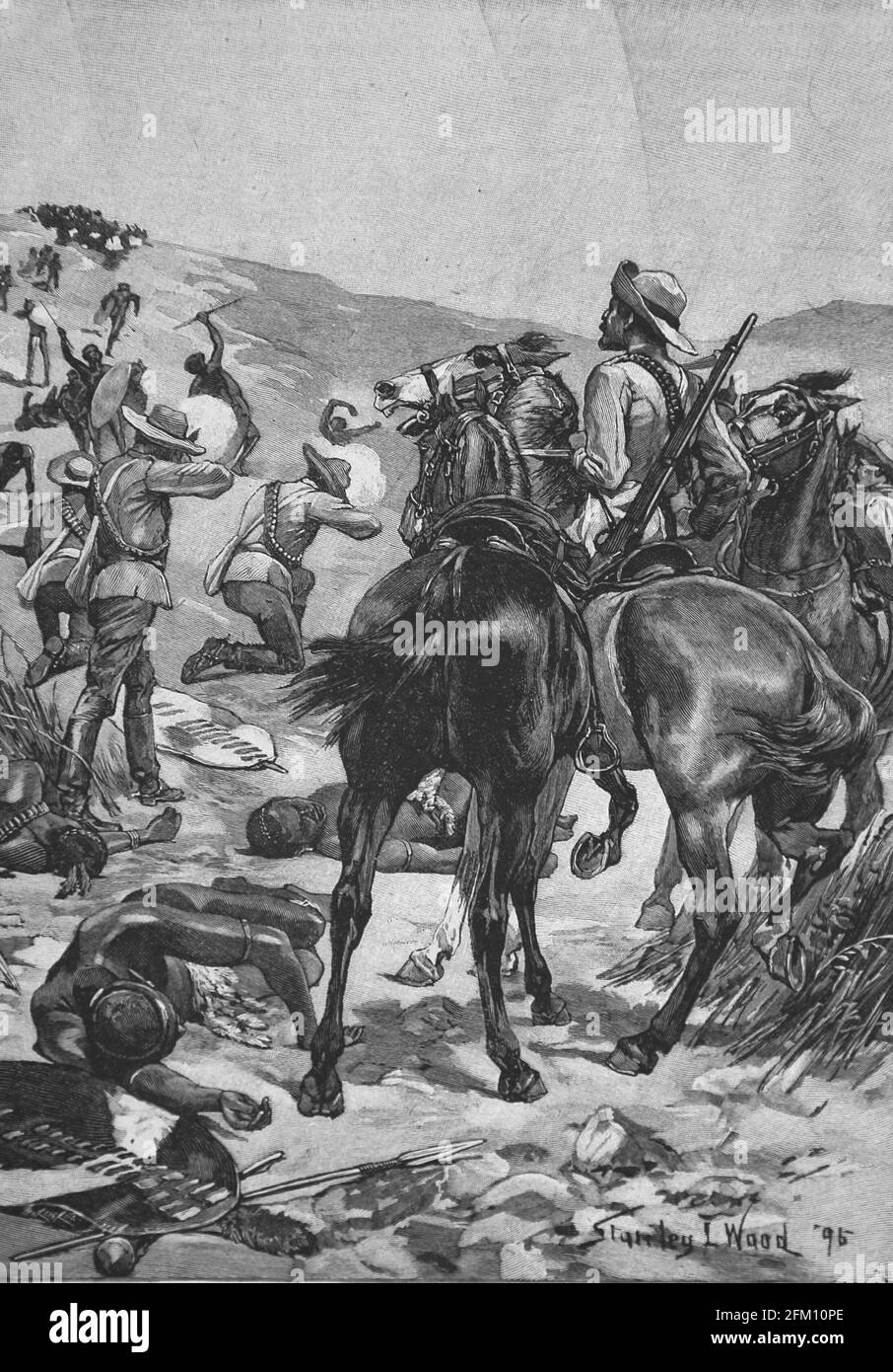 Anglo-Zulu Guerre entre l'Empire britannique et le Royaume de Zulu, 1879. Combat. Illustration ibérique, 1898. Banque D'Images