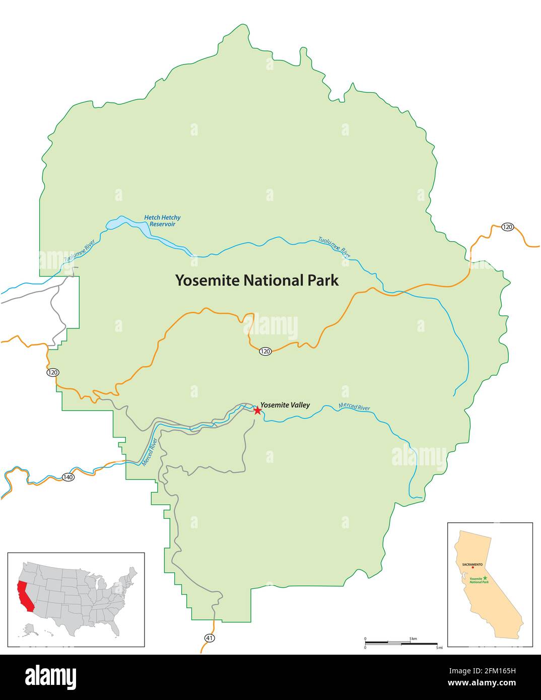 Carte d'ensemble simple du parc national de Yosemite, Californie, Etats-Unis Illustration de Vecteur