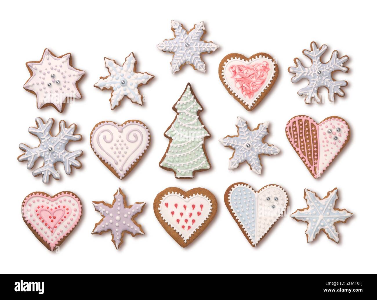 Collection de biscuits de Noël doux au pain d'épice avec décoration colorée à glaçage au sucre, isolée sur fond blanc Banque D'Images