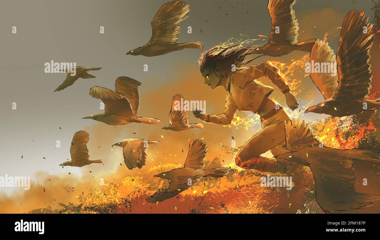 femme en train de courir parmi les oiseaux du feu, style d'art numérique, peinture d'illustration Banque D'Images