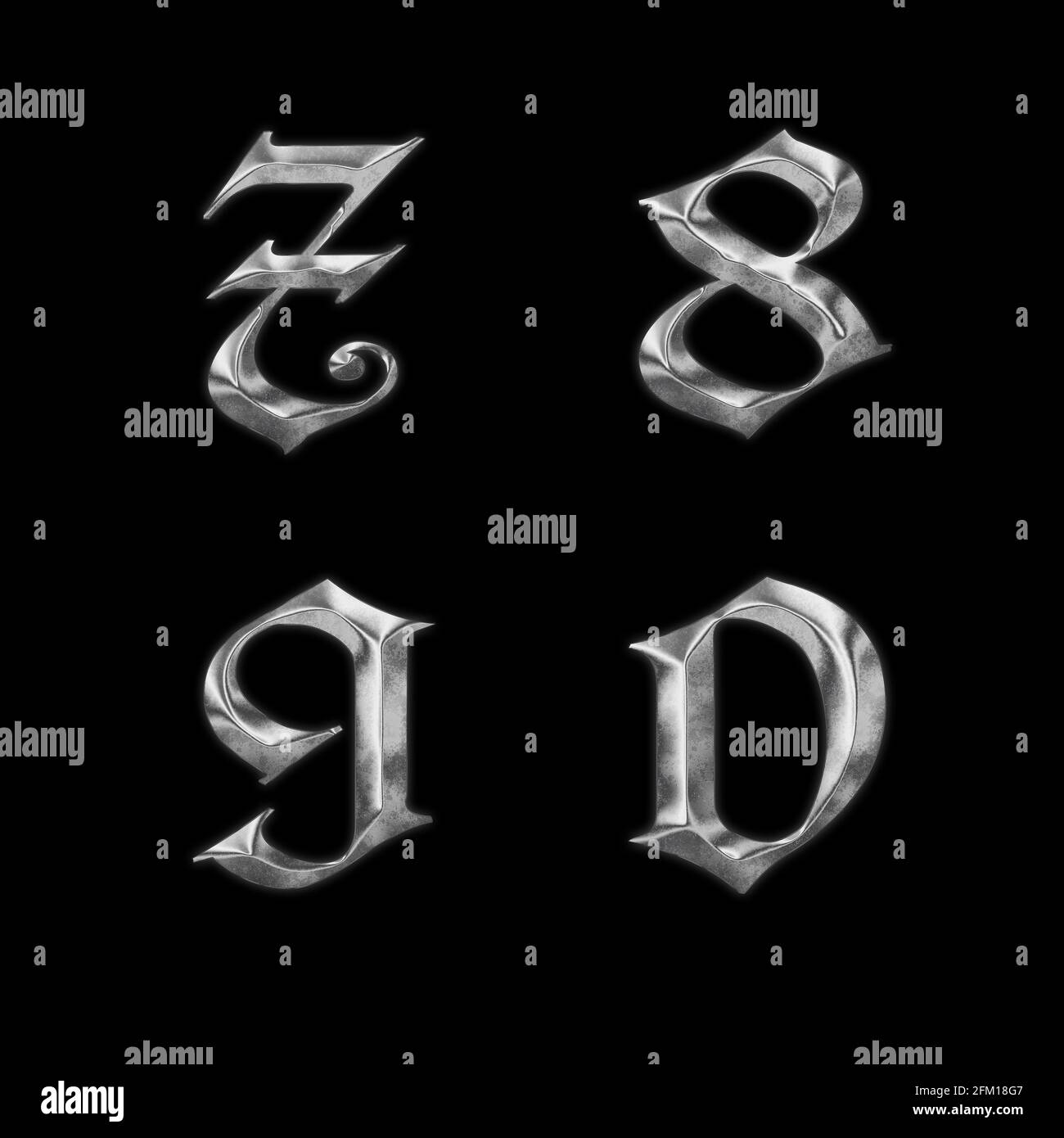 Rendu 3D de l'ancien métal gothique lettre majuscule alphabet - chiffres 7-0 Banque D'Images