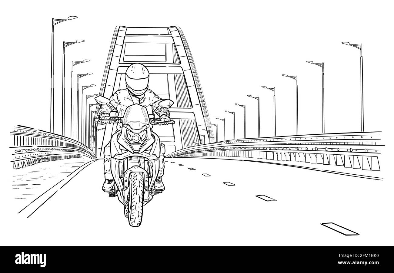 Illustration vectorielle dessinée à la main par la moto sur route Illustration de Vecteur