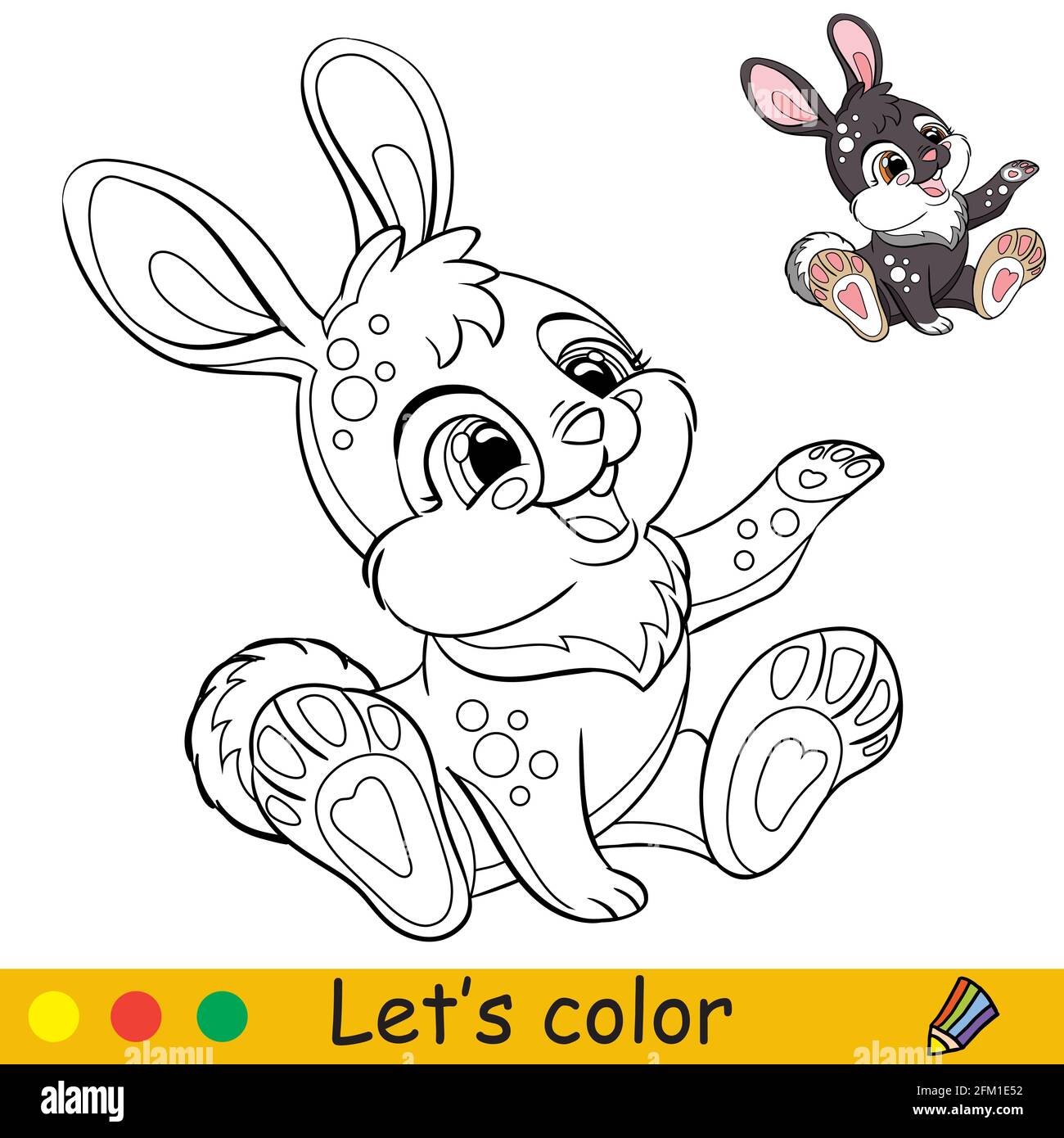Joli petit lapin assis. Personnage de dessin animé lapin. Page de livre de coloriage avec modèle coloré. Illustration avec contour vectoriel isolé. Pour le livre de coloriage, pré Illustration de Vecteur
