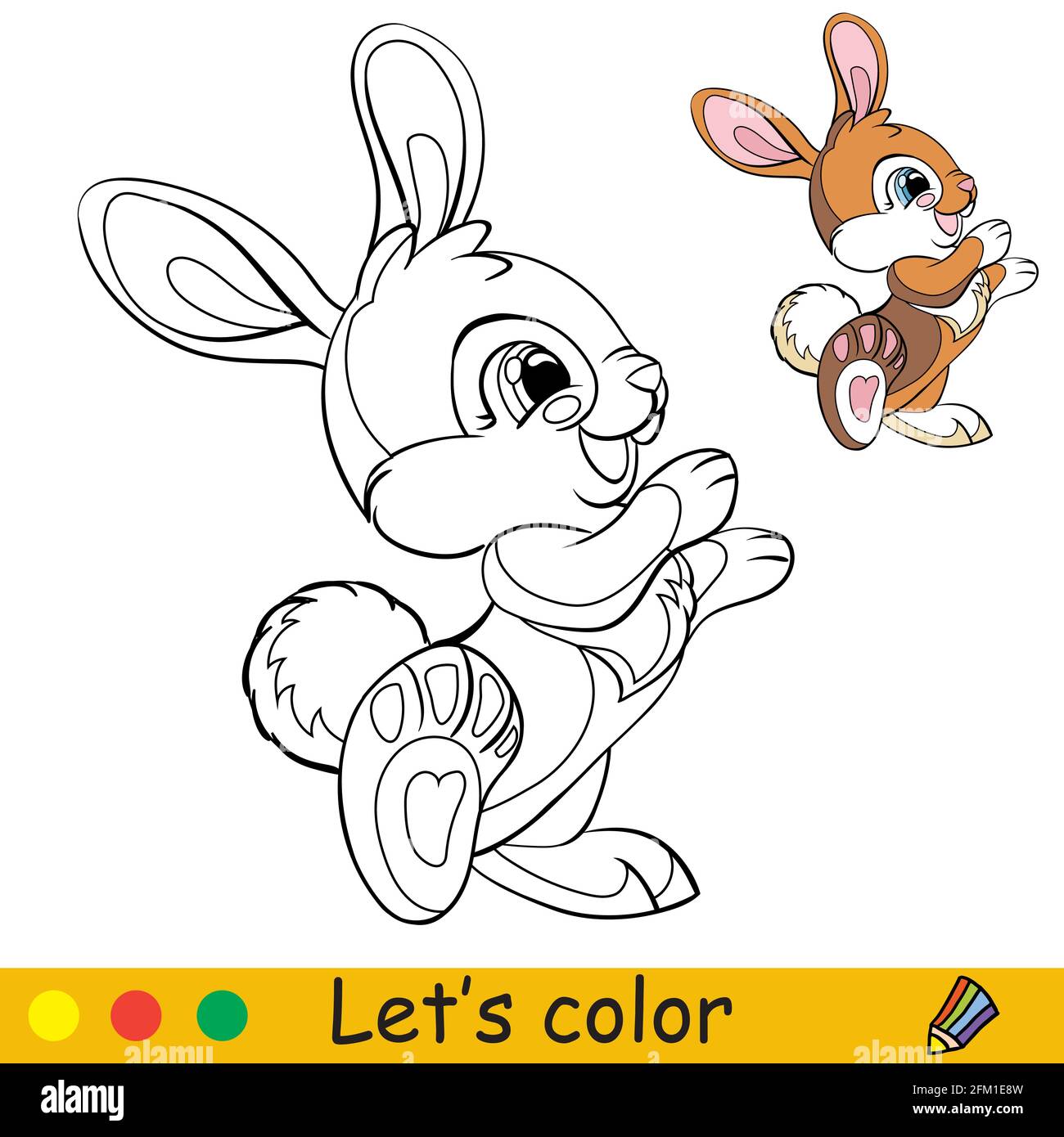 Joli lapin debout. Personnage de dessin animé lapin. Page de livre de coloriage avec modèle coloré. Illustration avec contour vectoriel isolé. Pour livre de coloriage, pr Illustration de Vecteur