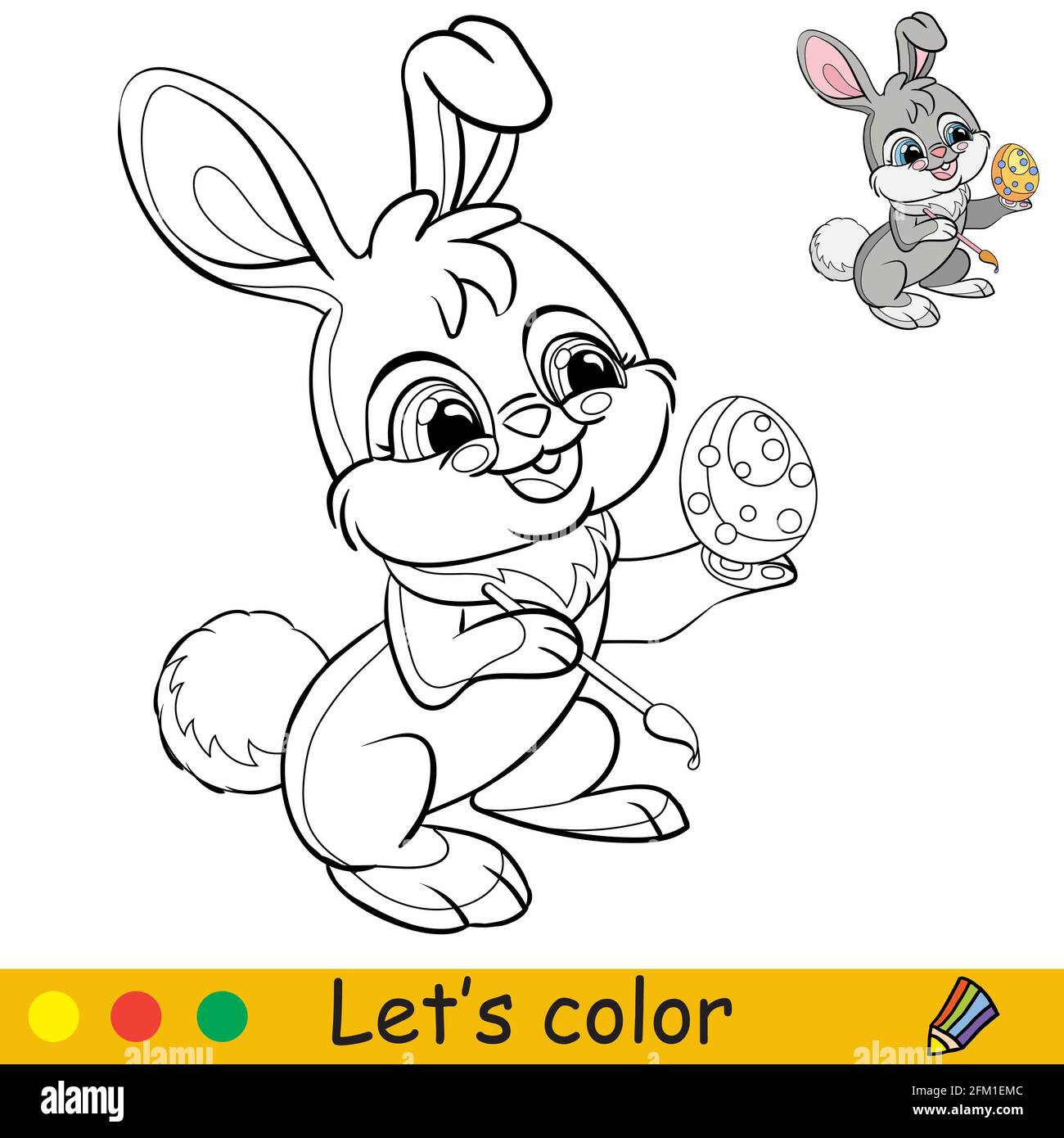 Modele Dessin Lapin De Paques Le lapin teinte un œuf de pâques. Personnage de dessin animé lapin. Page de  livre de coloriage avec modèle coloré. Illustration avec contour vectoriel  isolé. Pour colorier b Image Vectorielle Stock -