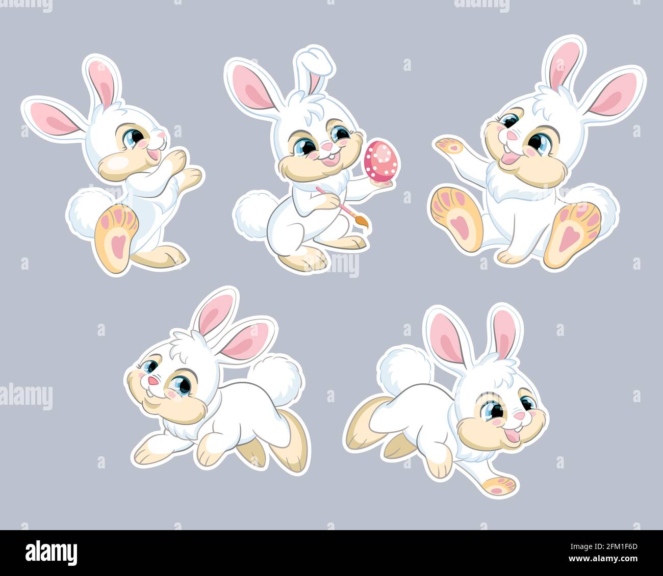 Ensemble de jolis lapins blancs de dessin animé. Illustration vectorielle isolée. Pour carte postale, affiches, création de pépinière, carte de vœux, autocollants, décoration de chambre, fête, nu Illustration de Vecteur