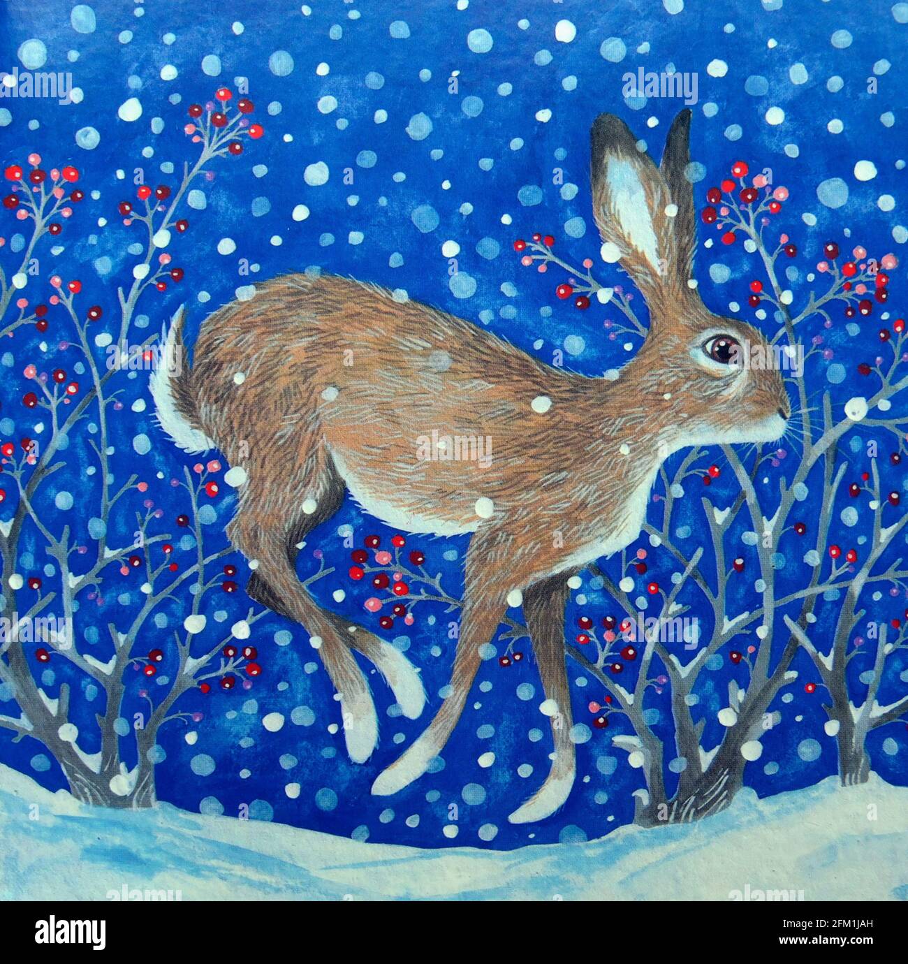 Illustration de la carte de Noël. Lièvre dans la neige. Banque D'Images