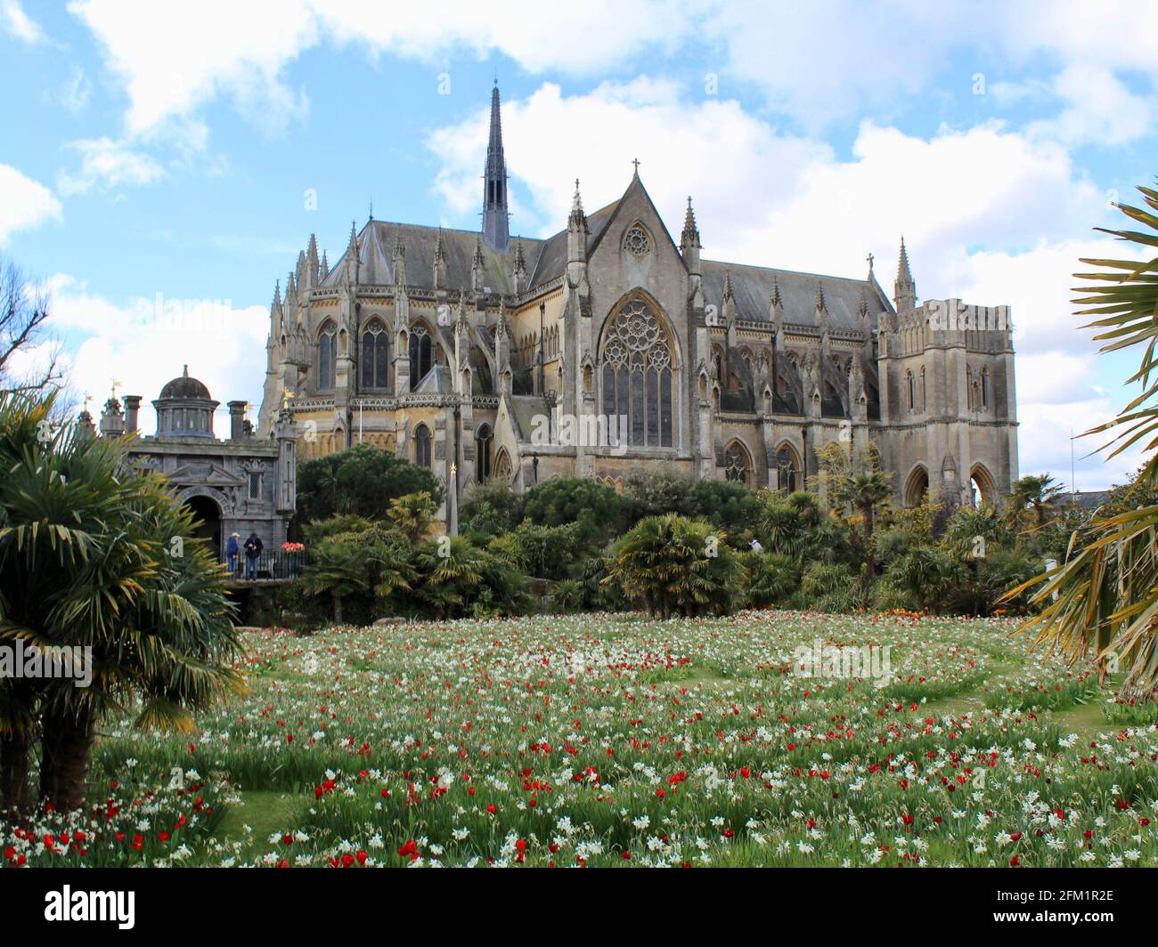 Festival des tulipes du château d'Arundel - 2021 - plantations circulaires de tulipes et de jonquilles avec toile de fond de la cathédrale d'Arundel. Banque D'Images